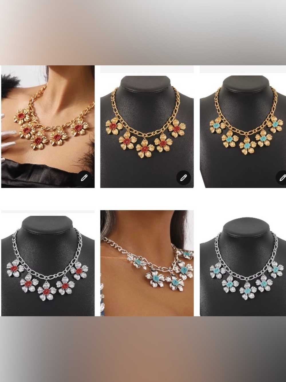 Baroque Gold or Silver SunFloral Necklace w Red & Turquoise Centers vintage new